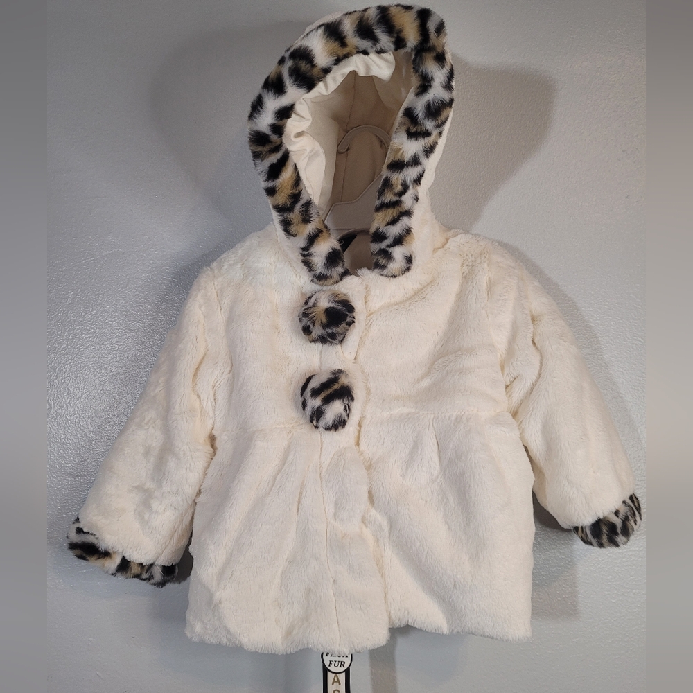 Kids Faux Fur Hooded Jacket - Cream with Animal Print Trim.  Rothschild brand.